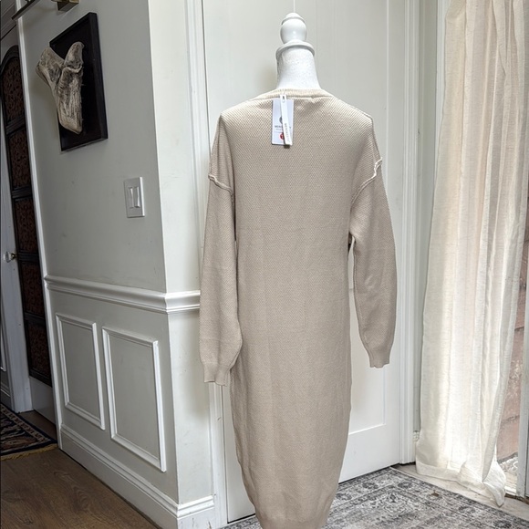 Merokeety Womens Beige Knit Sweater Dress Henley Button Belted Midi Small - Picture 7 of 10